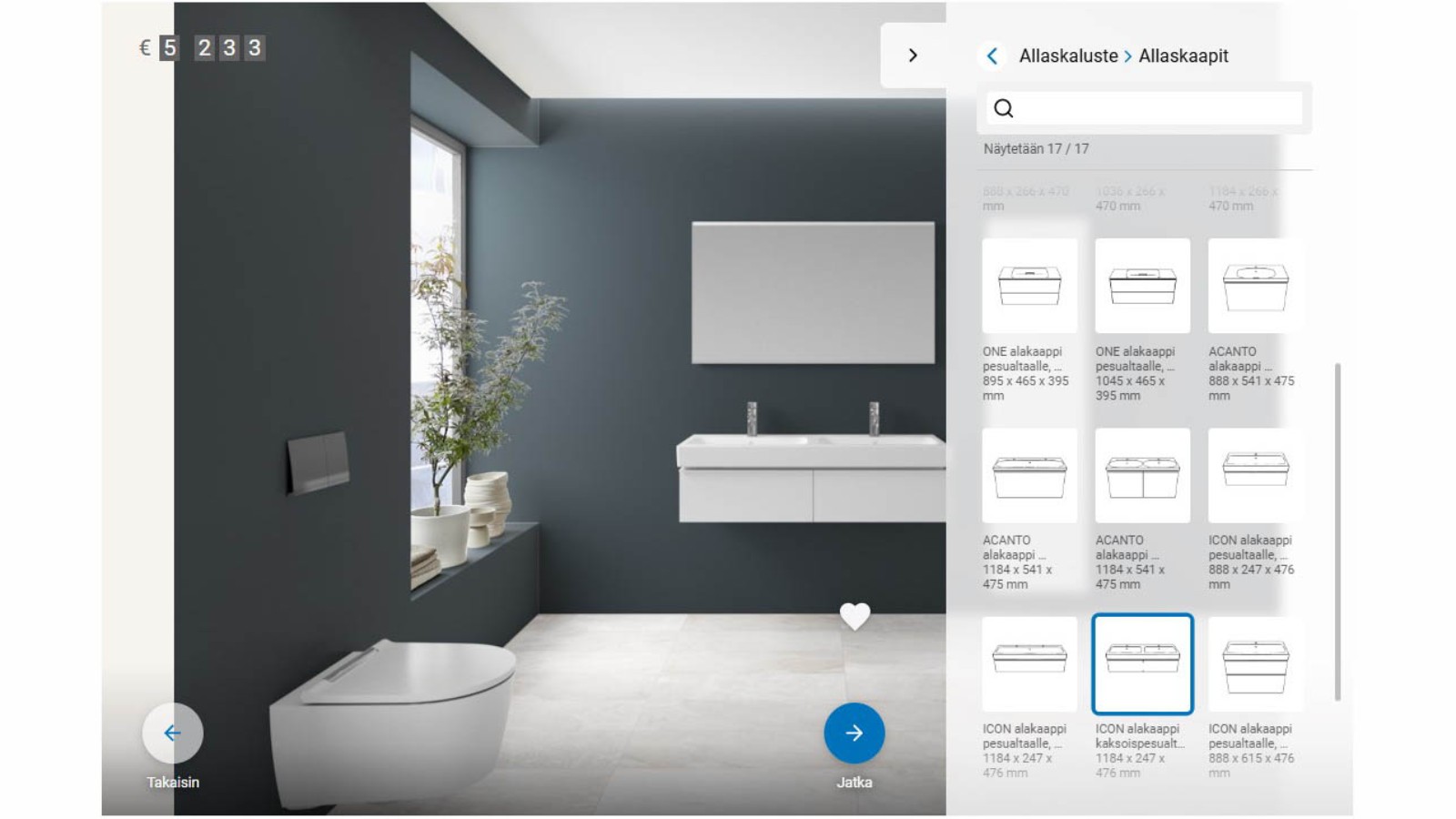 2. Valitse pesuallas, allaskaappi ja peili 2. Valitse pesuallas, allaskaappi ja peili