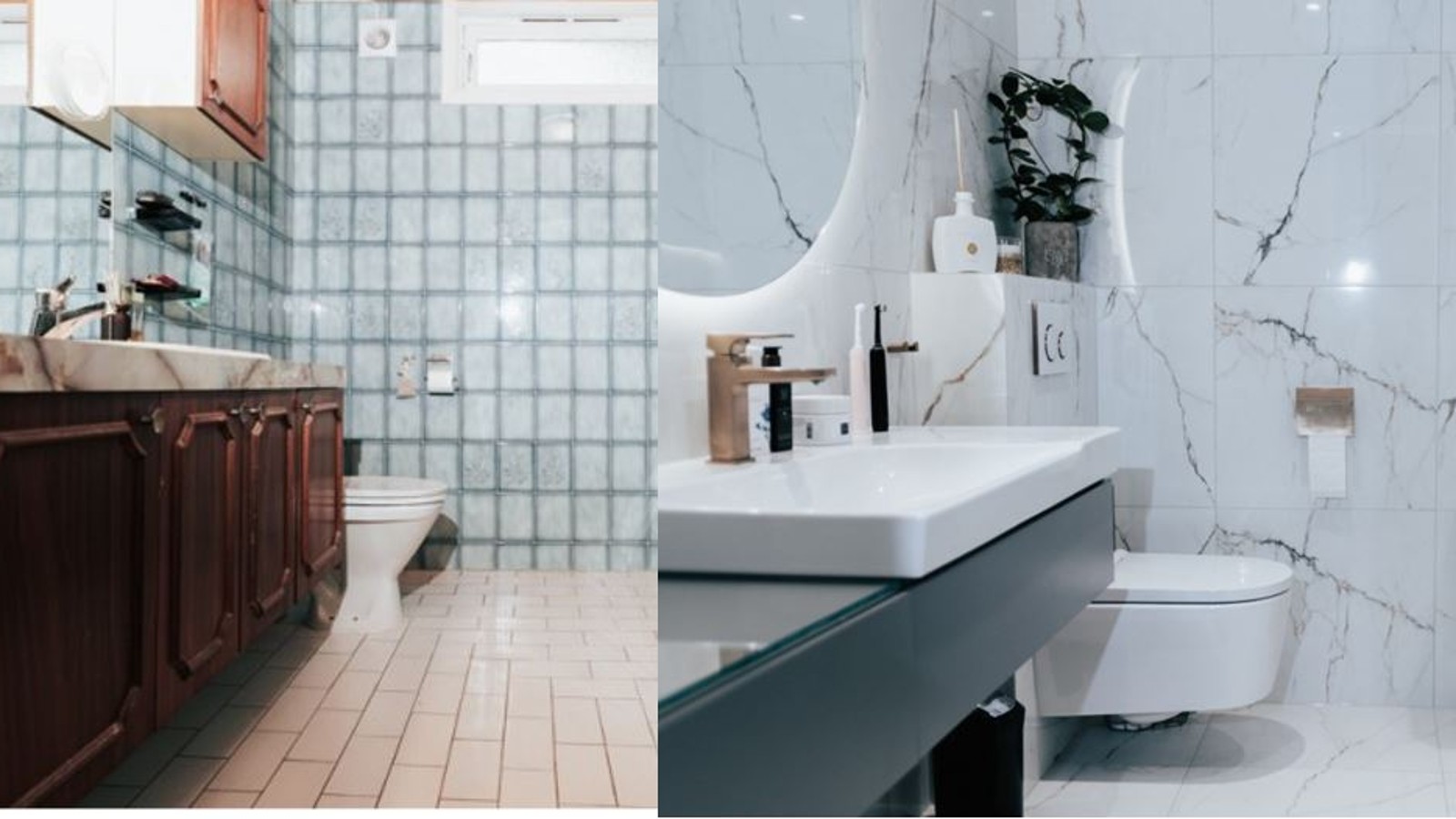 Kylpyhuone ennen ja jälkeen remontin Kylpyhuone ennen ja jälkeen remontin