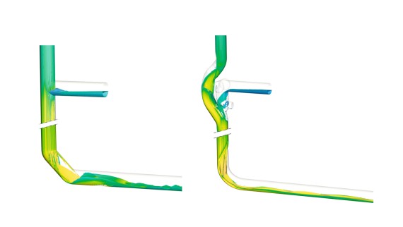 Kuten kuvassa vasemmalla, suunnanmuutos kahdella Geberit Silent-db20 45°:n yhteellä, joiden mitat ovat d160, aiheuttaa putkeen turbulenssia, mikä lisää melua. Sitä vastoin, kuten kuvassa oikealla, Geberit Silent-db20 BottomTurn -pohjakulma muuttaa pyörivän virtauksen kerrosmaiseksi hallituksi virtaamaksi. Kuten kuvassa vasemmalla, suunnanmuutos kahdella Geberit Silent-db20 45°:n yhteellä, joiden mitat ovat d160, aiheuttaa putkeen turbulenssia, mikä lisää melua. Sitä vastoin, kuten kuvassa oikealla, Geberit Silent-db20 BottomTurn -pohjakulma muuttaa pyörivän virtauksen kerrosmaiseksi hallituksi virtaamaksi.
