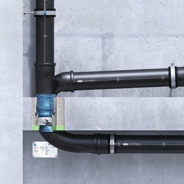 Geberit RS90 Plus EN -palokatkomansetti uppoasennettuna välipohjaan EPS/XPS-eristyksellä välipohjan paksuuden mukaan