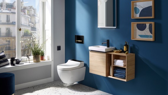 Geberit iCon vieras-WC pienellä pesualtaalla ja kaapilla Geberit iCon vieras-WC pienellä pesualtaalla ja kaapilla