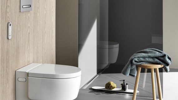 Geberit AquaClean Mera Comfort -pesu-wc-istuimen mukana tulee kaukosäädin. Kuvassa myös Sigma50 -huuhtelupainike (© Geberit) Geberit AquaClean Mera Comfort -pesu-wc-istuimen mukana tulee kaukosäädin. Kuvassa myös Sigma50 -huuhtelupainike (© Geberit)