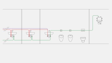 Esimerkki käyttövesiputkista hygieniahuuhtelulaitteen määrähuuhtelutilaa varten