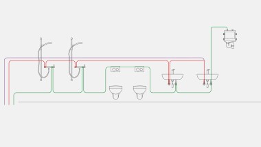 Esimerkki käyttövesiputkista hygieniahuuhtelulaitteen intervallihuuhtelutilaa varten