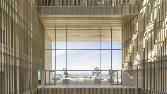 Atrium on verhottu kullatuilla alumiiniprofiileilla, joiden värisävyt vaihtuvat auringon asennon mukaan (© Ana Skobe) Atrium on verhottu kullatuilla alumiiniprofiileilla, joiden värisävyt vaihtuvat auringon asennon mukaan (© Ana Skobe)