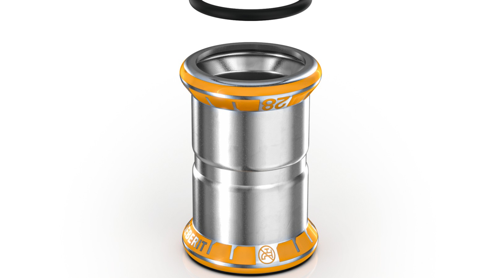 Geberit Mapress Therm -liitin, jossa on oranssi puristusindikaattori