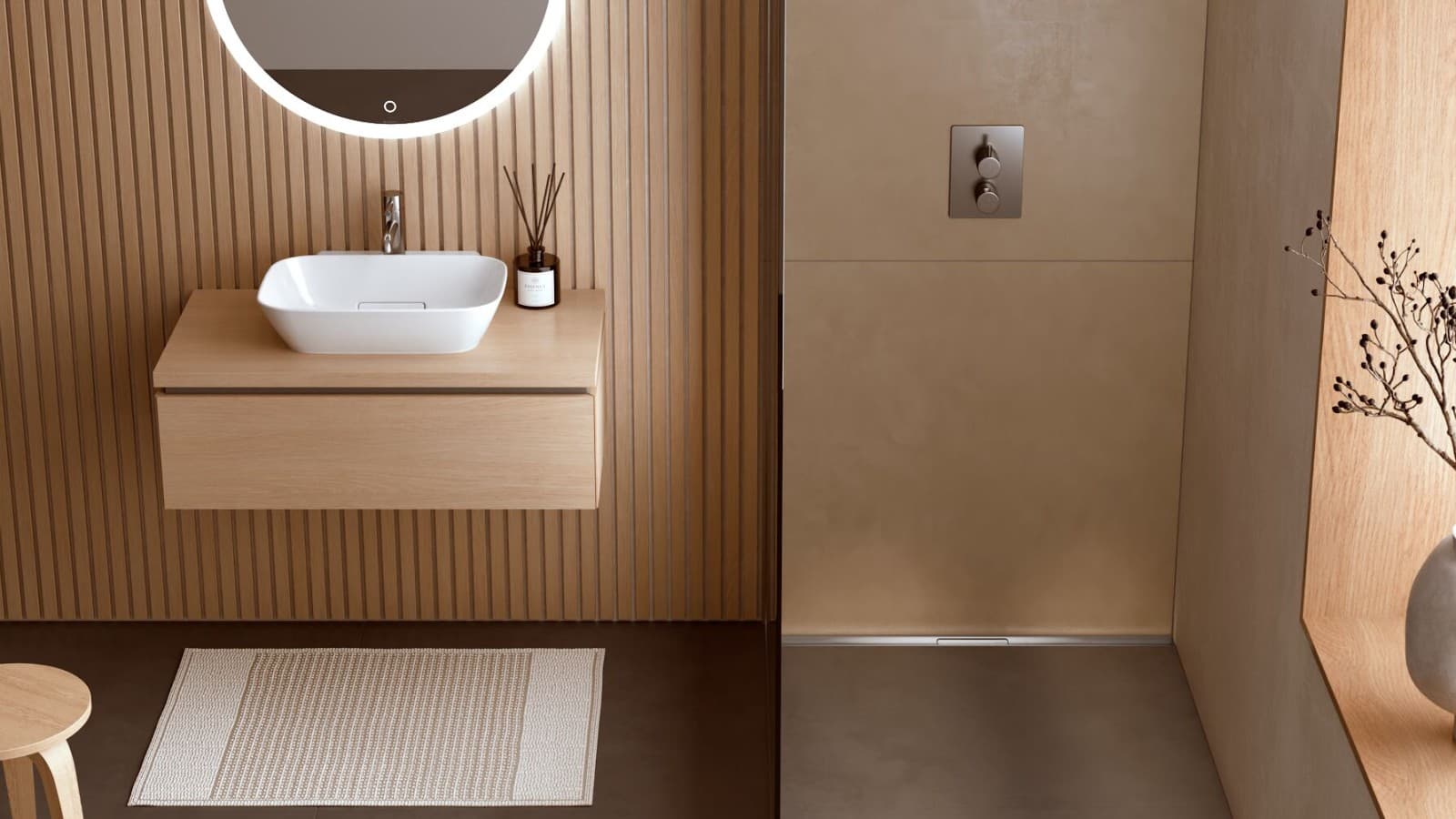 Avoin suihkutila Geberit Cleanline -linjakaivoratkaisulla Avoin suihkutila Geberit Cleanline -linjakaivoratkaisulla