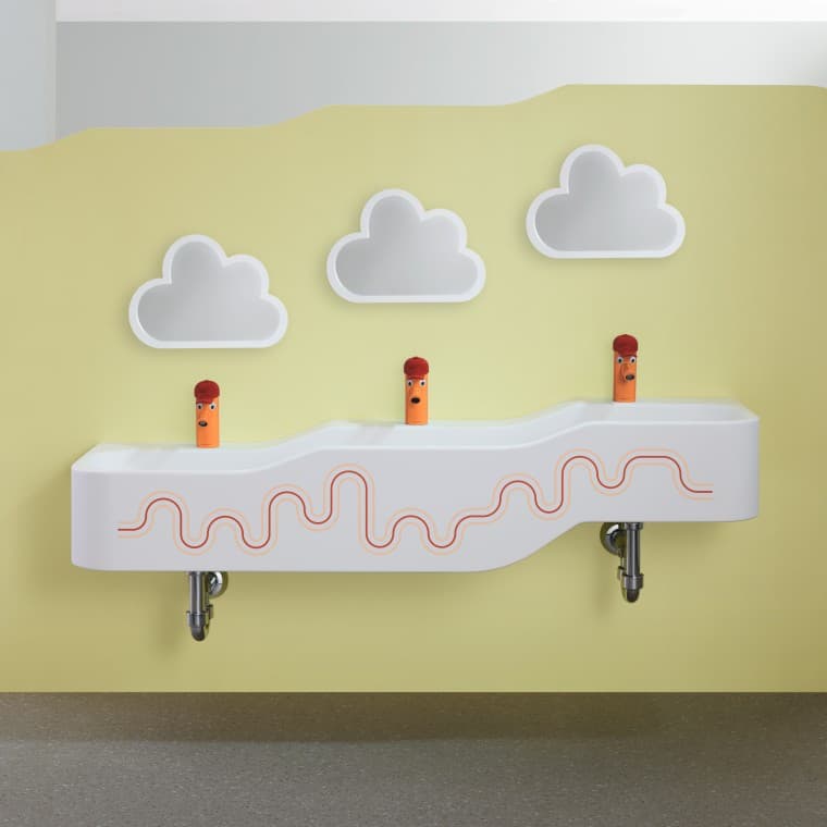 Geberit Bambini -leikki- ja pesuympäristö karmiininpunaisena ja oranssina Geberit Bambini -leikki- ja pesuympäristö karmiininpunaisena ja oranssina